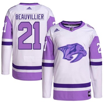 Authentic Adidas Men's Anthony Beauvillier Nashville Predators Hockey Fights Cancer Primegreen Jersey - White/Purple