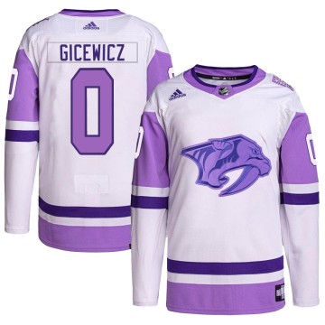 Authentic Adidas Men's Carson Gicewicz Nashville Predators Hockey Fights Cancer Primegreen Jersey - White/Purple