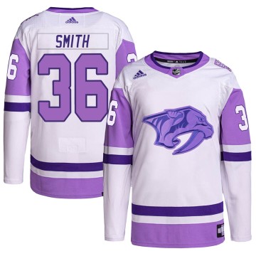 Authentic Adidas Men's Cole Smith Nashville Predators Hockey Fights Cancer Primegreen Jersey - White/Purple