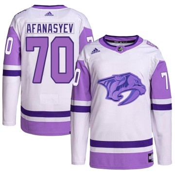 Authentic Adidas Men's Egor Afanasyev Nashville Predators Hockey Fights Cancer Primegreen Jersey - White/Purple