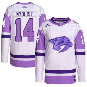 Authentic Adidas Men's Gustav Nyquist Nashville Predators Hockey Fights Cancer Primegreen Jersey - White/Purple