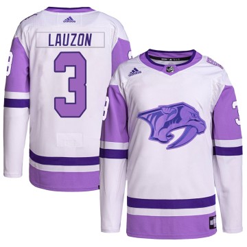 Authentic Adidas Men's Jeremy Lauzon Nashville Predators Hockey Fights Cancer Primegreen Jersey - White/Purple