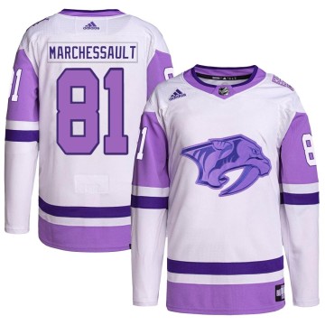 Authentic Adidas Men's Jonathan Marchessault Nashville Predators Hockey Fights Cancer Primegreen Jersey - White/Purple