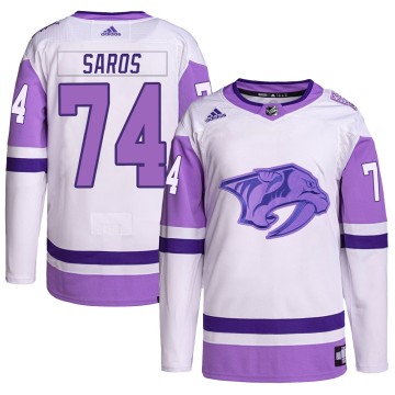 Authentic Adidas Men's Juuse Saros Nashville Predators Hockey Fights Cancer Primegreen Jersey - White/Purple