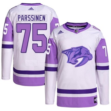 Authentic Adidas Men's Juuso Parssinen Nashville Predators Hockey Fights Cancer Primegreen Jersey - White/Purple
