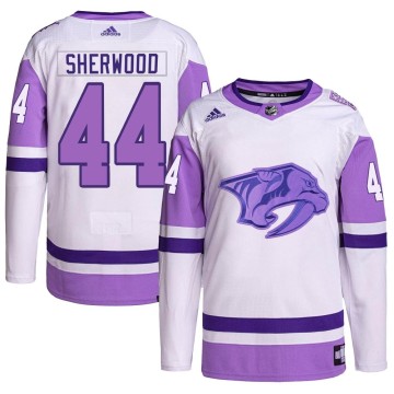 Authentic Adidas Men's Kiefer Sherwood Nashville Predators Hockey Fights Cancer Primegreen Jersey - White/Purple