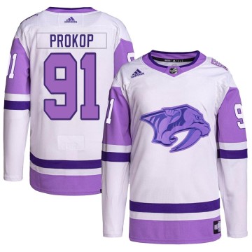 Authentic Adidas Men's Luke Prokop Nashville Predators Hockey Fights Cancer Primegreen Jersey - White/Purple