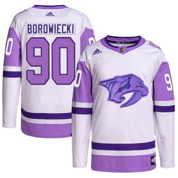 Authentic Adidas Men's Mark Borowiecki Nashville Predators Hockey Fights Cancer Primegreen Jersey - White/Purple