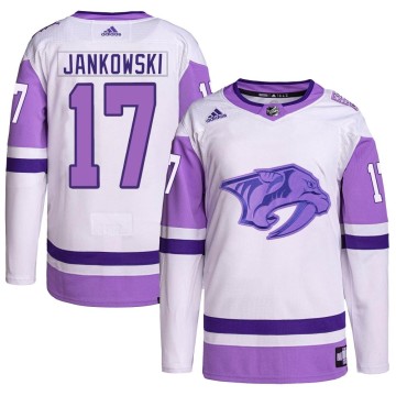 Authentic Adidas Men's Mark Jankowski Nashville Predators Hockey Fights Cancer Primegreen Jersey - White/Purple
