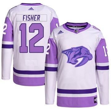 Authentic Adidas Men's Mike Fisher Nashville Predators Hockey Fights Cancer Primegreen Jersey - White/Purple
