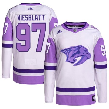 Authentic Adidas Men's Oasiz Wiesblatt Nashville Predators Hockey Fights Cancer Primegreen Jersey - White/Purple