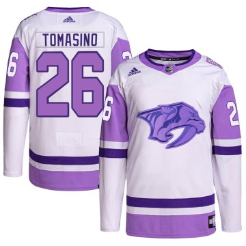 Authentic Adidas Men's Philip Tomasino Nashville Predators Hockey Fights Cancer Primegreen Jersey - White/Purple