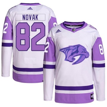 Authentic Adidas Men's Tommy Novak Nashville Predators Hockey Fights Cancer Primegreen Jersey - White/Purple
