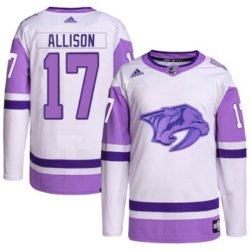 Authentic Adidas Men's Wade Allison Nashville Predators Hockey Fights Cancer Primegreen Jersey - White/Purple