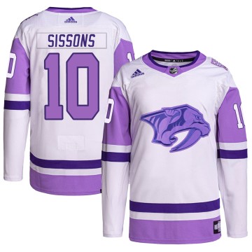 Authentic Adidas Youth Colton Sissons Nashville Predators Hockey Fights Cancer Primegreen Jersey - White/Purple