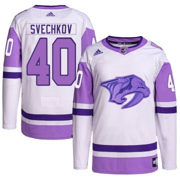 Authentic Adidas Youth Fedor Svechkov Nashville Predators Hockey Fights Cancer Primegreen Jersey - White/Purple