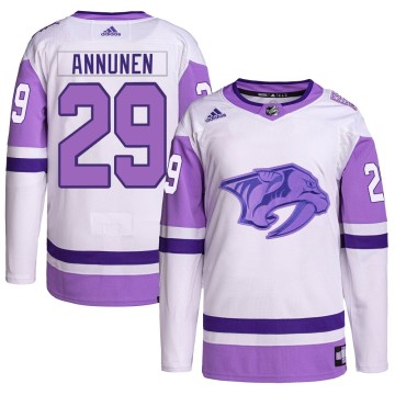 Authentic Adidas Youth Justus Annunen Nashville Predators Hockey Fights Cancer Primegreen Jersey - White/Purple