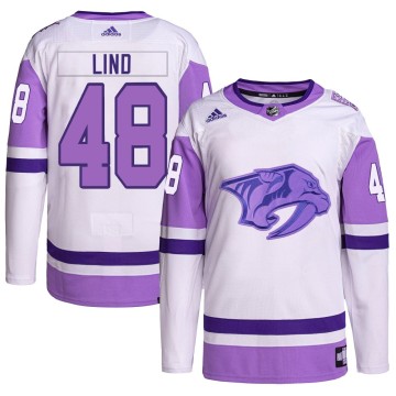 Authentic Adidas Youth Kalan Lind Nashville Predators Hockey Fights Cancer Primegreen Jersey - White/Purple