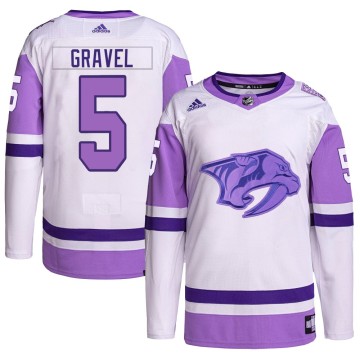 Authentic Adidas Youth Kevin Gravel Nashville Predators Hockey Fights Cancer Primegreen Jersey - White/Purple