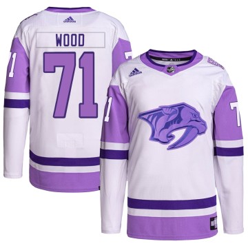Authentic Adidas Youth Matthew Wood Nashville Predators Hockey Fights Cancer Primegreen Jersey - White/Purple