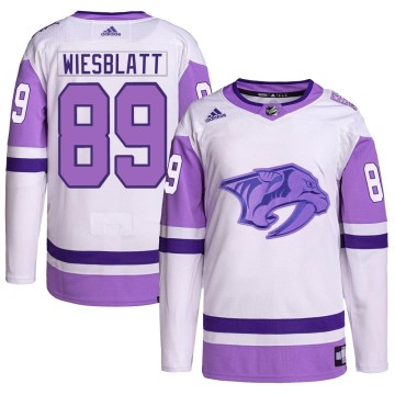 Authentic Adidas Youth Ozzy Wiesblatt Nashville Predators Hockey Fights Cancer Primegreen Jersey - White/Purple