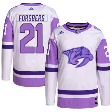 Authentic Adidas Youth Peter Forsberg Nashville Predators Hockey Fights Cancer Primegreen Jersey - White/Purple