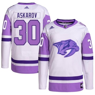 Authentic Adidas Youth Yaroslav Askarov Nashville Predators Hockey Fights Cancer Primegreen Jersey - White/Purple