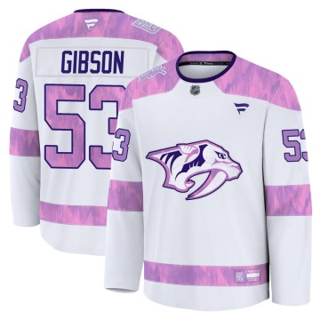 Premium Fanatics Youth Andrew Gibson Nashville Predators 2024 Hockey Fights Cancer Practice Jersey - White