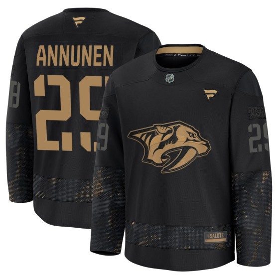 Premium Fanatics Youth Justus Annunen Nashville Predators 2024 Military Appreciation Practice Jersey - Black